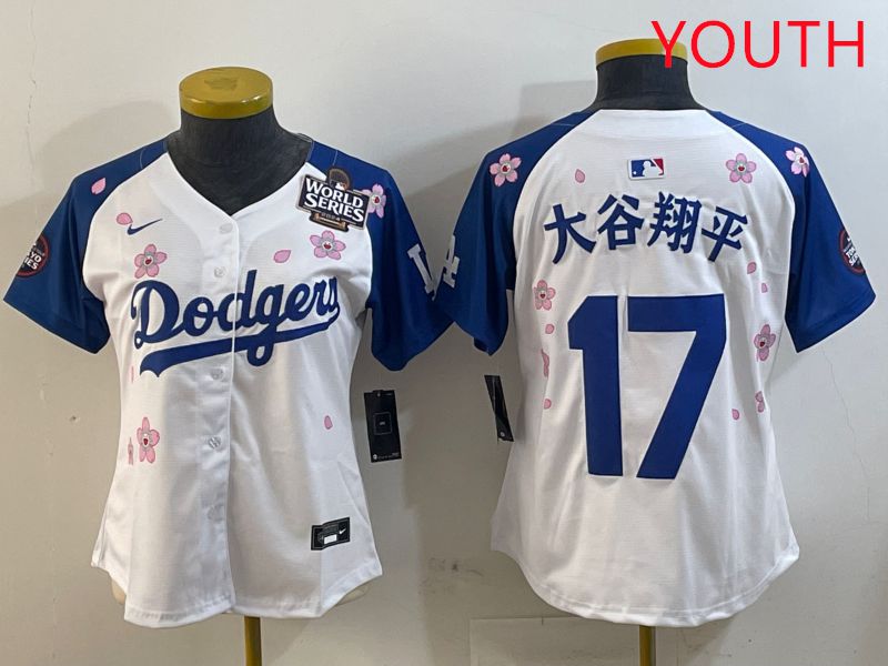 Youth Los Angeles Dodgers 17 Ohtani White Blue Sakura Edition 2025 Nike MLB Jersey style 16